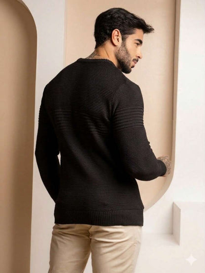 Suéter Masculino Tricô Recorte Texturizado Punho Canelado