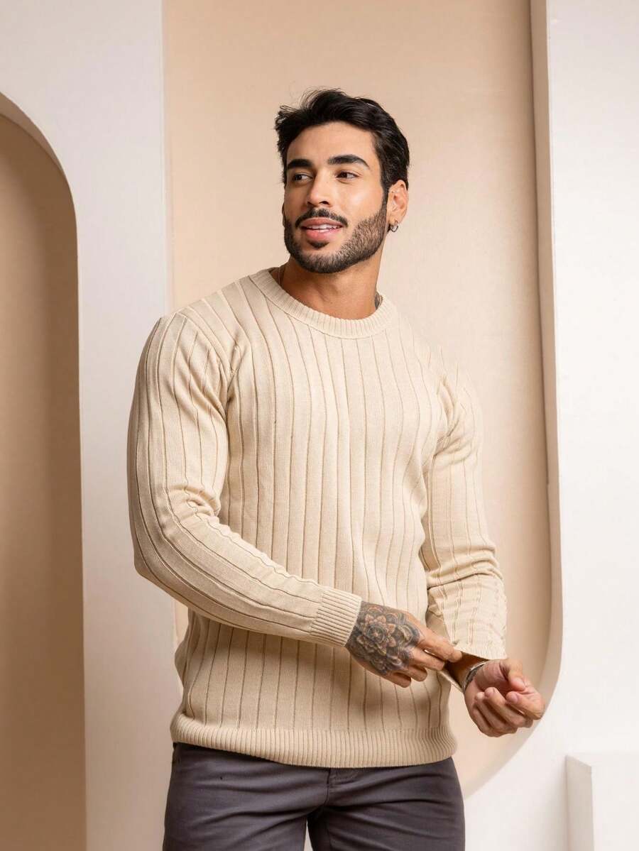 Suéter Masculino Tricô Canelado Gola Redonda