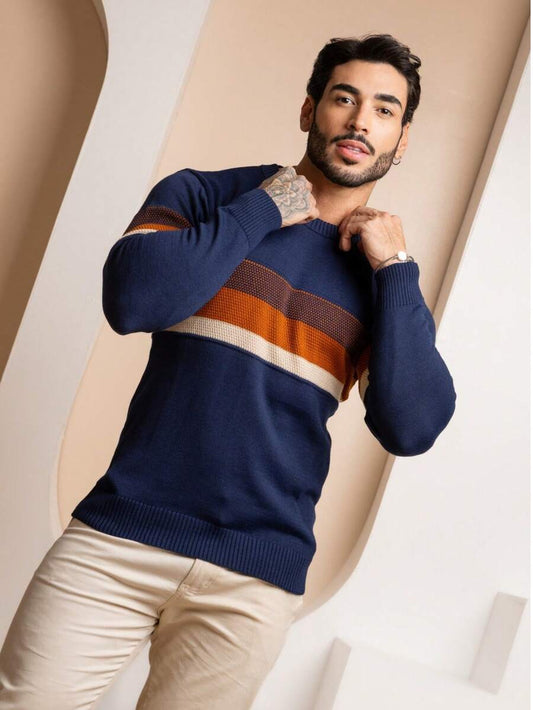 Suéter Masculino Tricô Bloco de Cores Gola Redonda