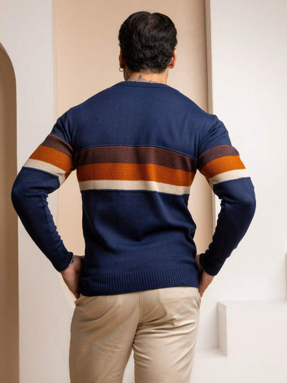 Suéter Masculino Tricô Bloco de Cores Gola Redonda