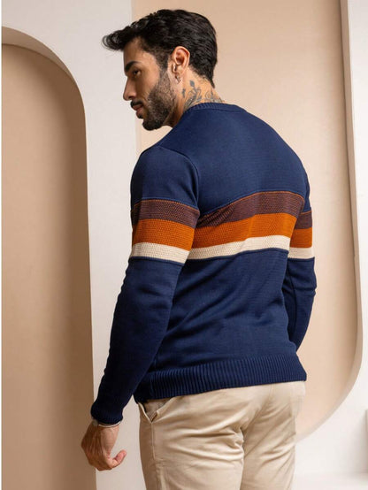 Suéter Masculino Tricô Bloco de Cores Gola Redonda
