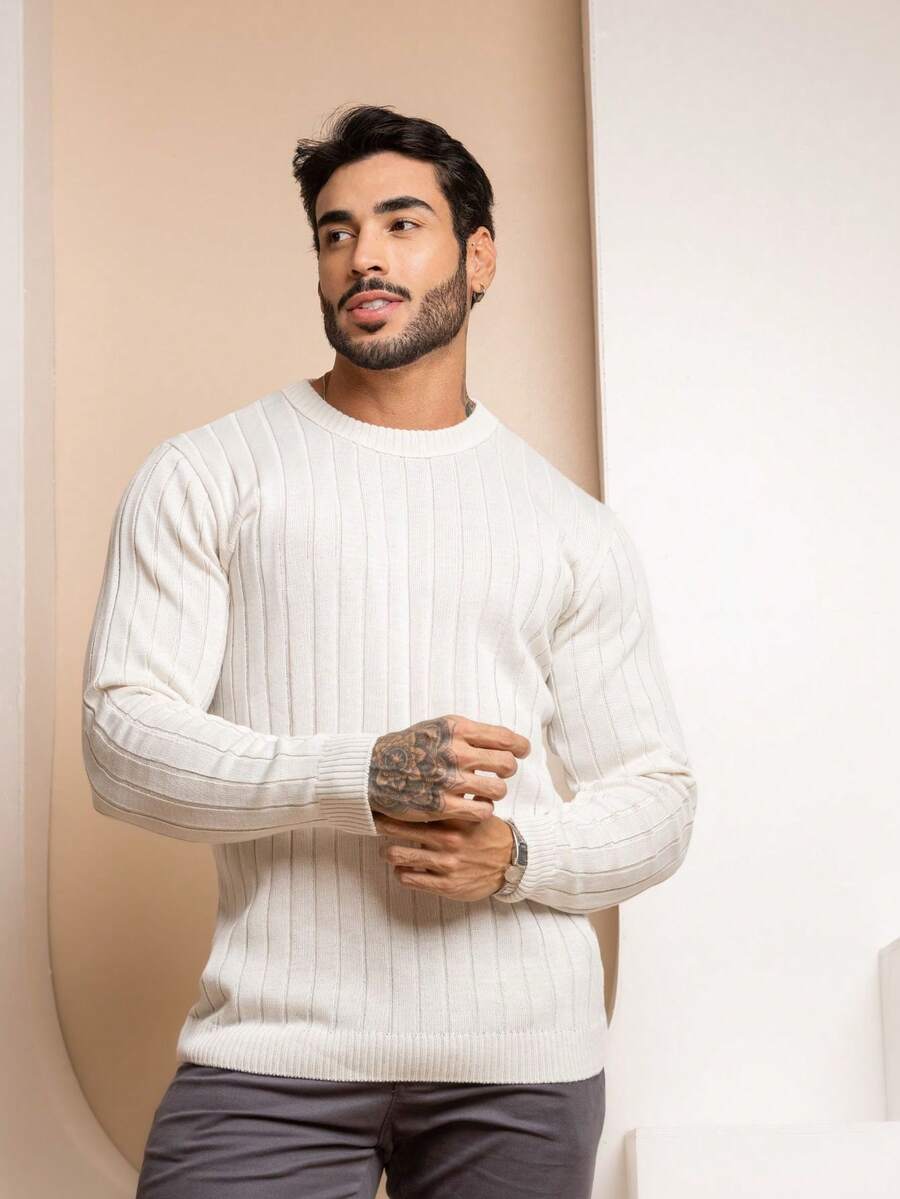 Suéter Masculino Tricô Canelado Gola Redonda