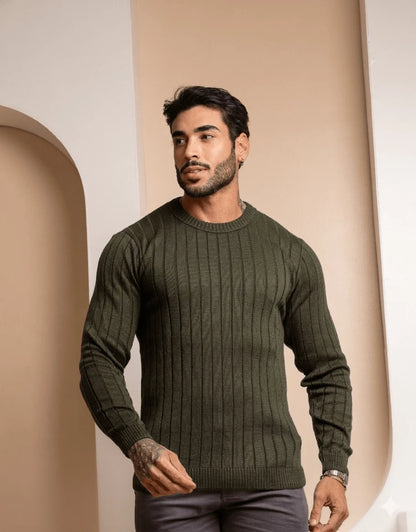 Suéter Masculino Tricô Canelado Gola Redonda