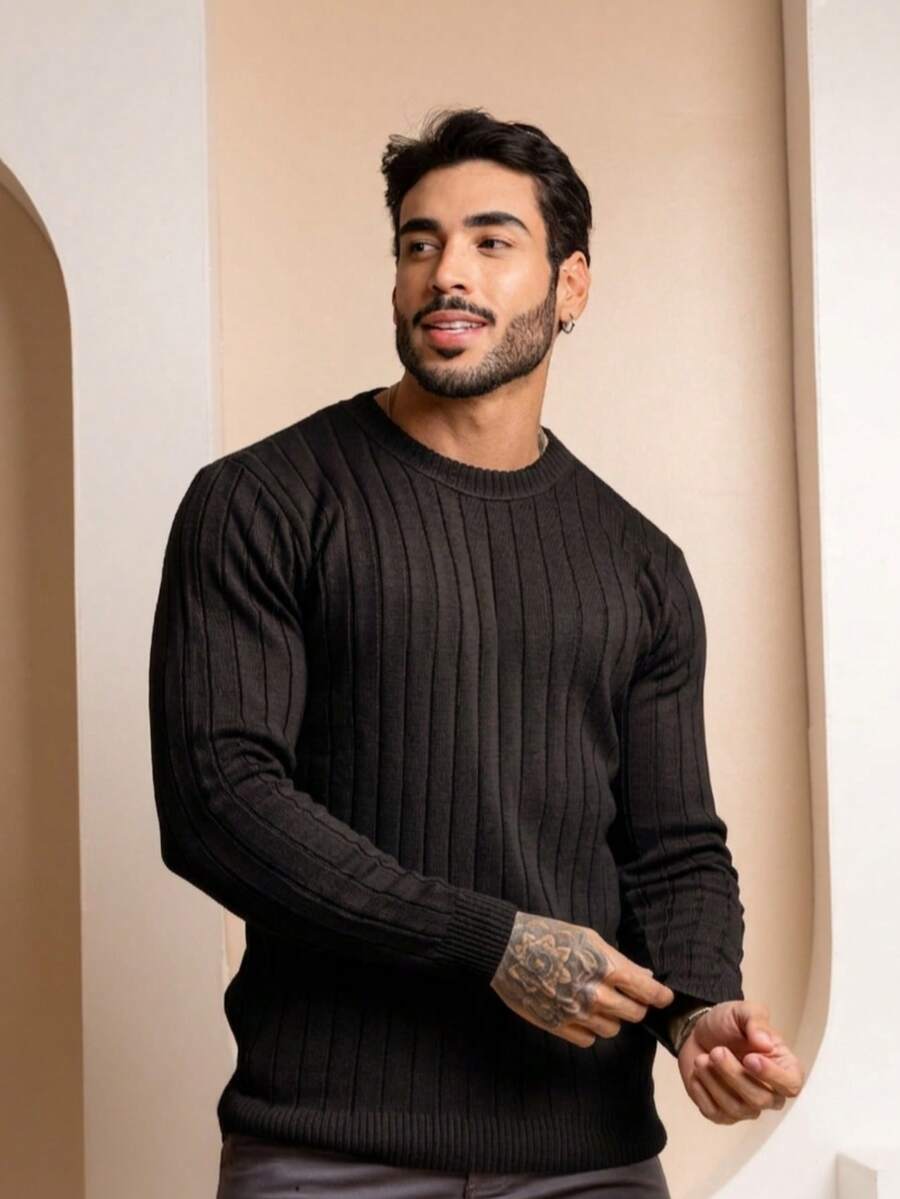 Suéter Masculino Tricô Canelado Gola Redonda