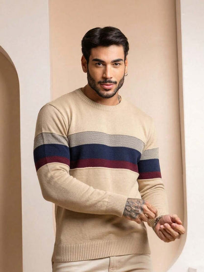 Suéter Masculino Tricô Bloco de Cores Gola Redonda