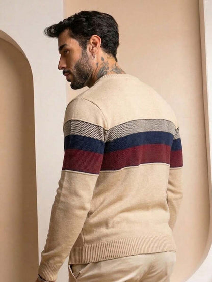 Suéter Masculino Tricô Bloco de Cores Gola Redonda