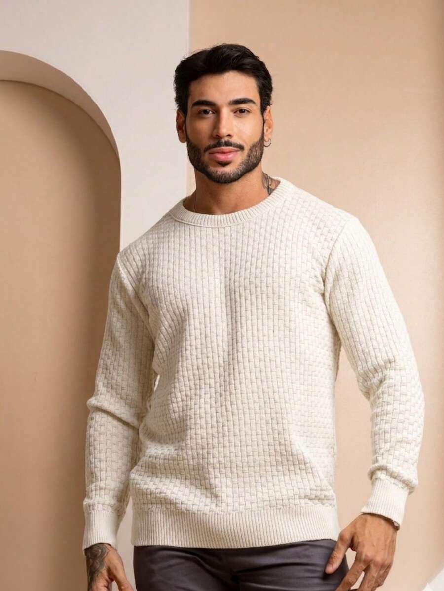 Suéter Masculino Tricô Trama Elegante Gola Redonda