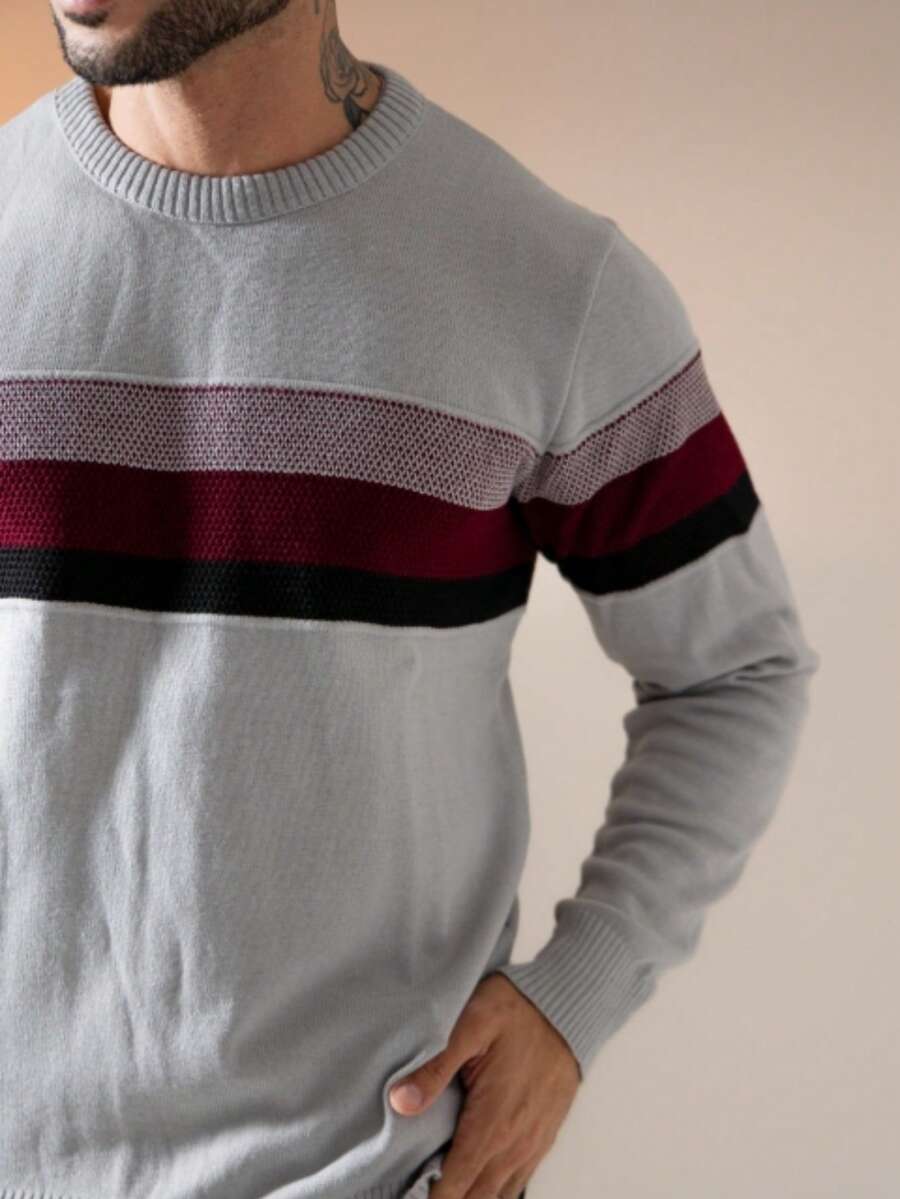 Suéter Masculino Tricô Bloco de Cores Gola Redonda