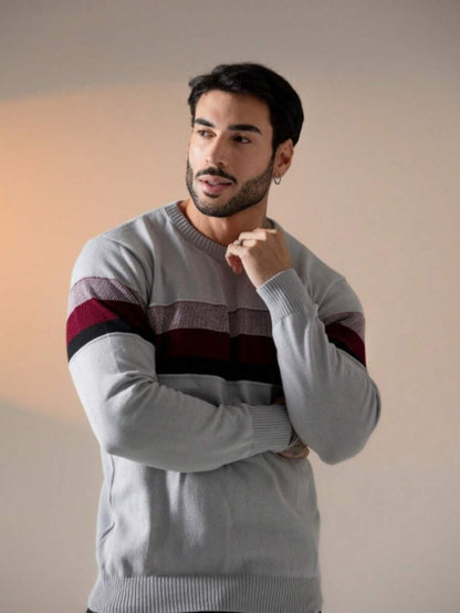Suéter Masculino Tricô Bloco de Cores Gola Redonda