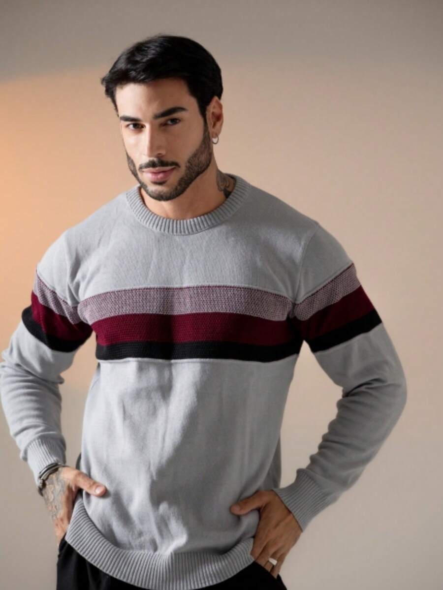 Suéter Masculino Tricô Bloco de Cores Gola Redonda