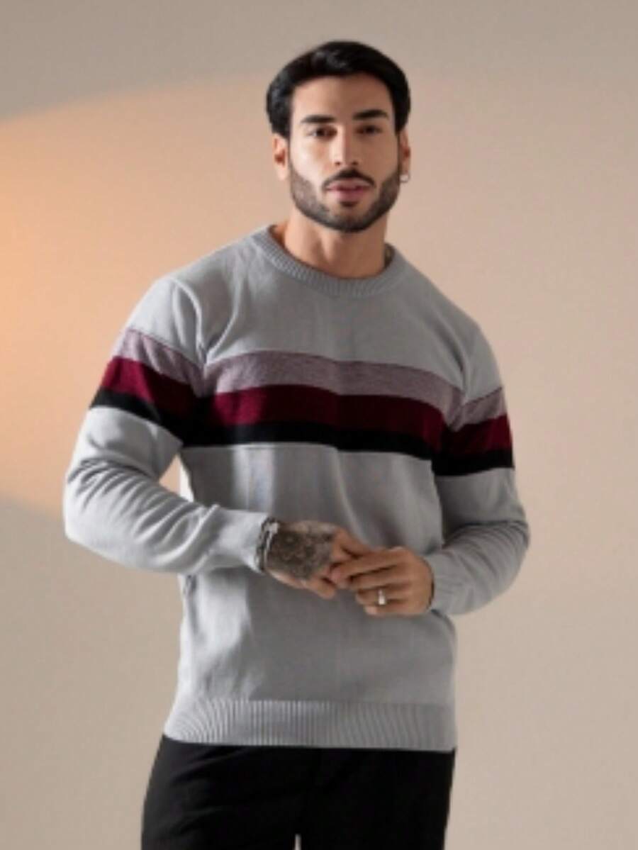 Suéter Masculino Tricô Bloco de Cores Gola Redonda