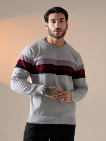 Suéter Masculino Tricô Bloco de Cores Gola Redonda