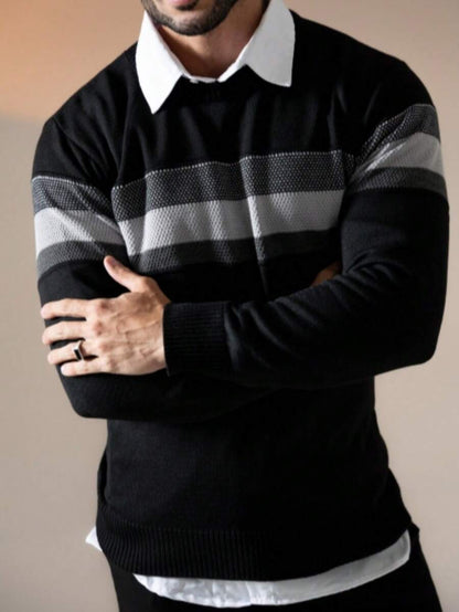 Suéter Masculino Tricô Bloco de Cores Gola Redonda