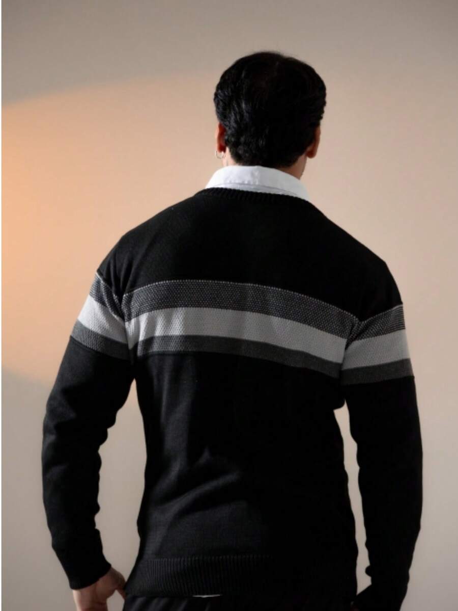 Suéter Masculino Tricô Bloco de Cores Gola Redonda