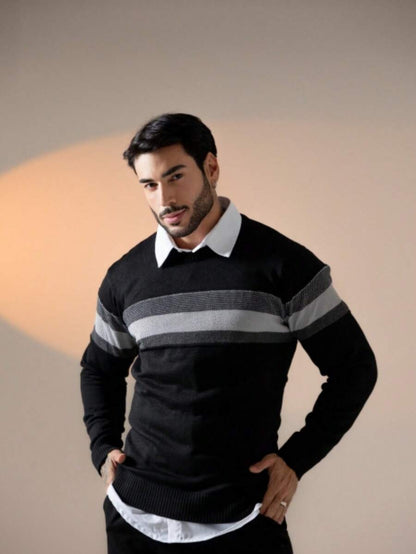 Suéter Masculino Tricô Bloco de Cores Gola Redonda