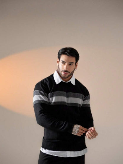 Suéter Masculino Tricô Bloco de Cores Gola Redonda