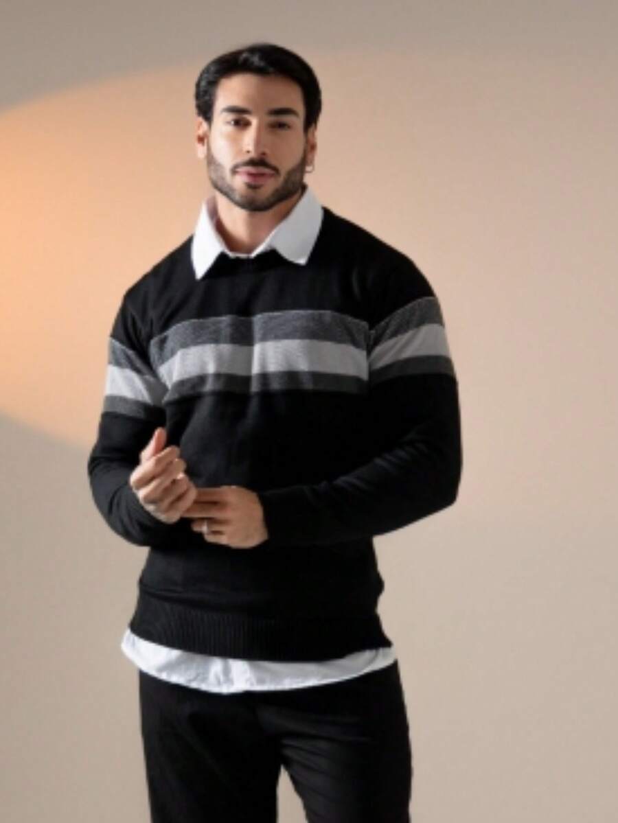 Suéter Masculino Tricô Bloco de Cores Gola Redonda