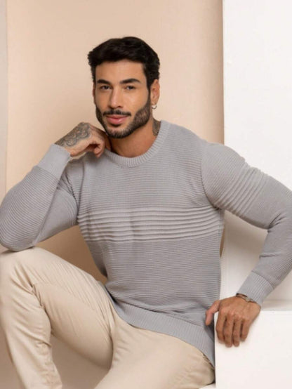 Suéter Masculino Tricô Recorte Texturizado Punho Canelado