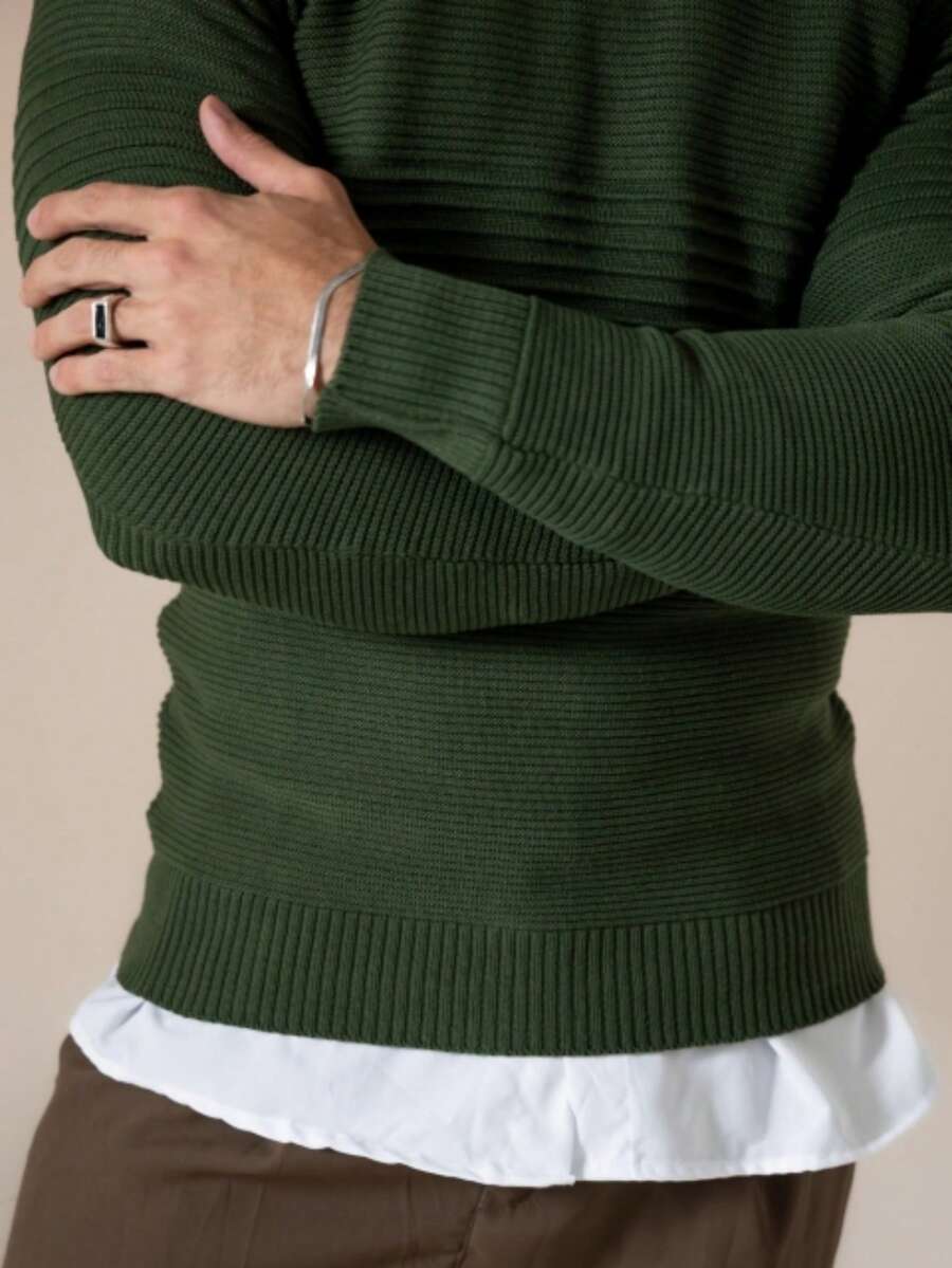Suéter Masculino Tricô Recorte Texturizado Punho Canelado
