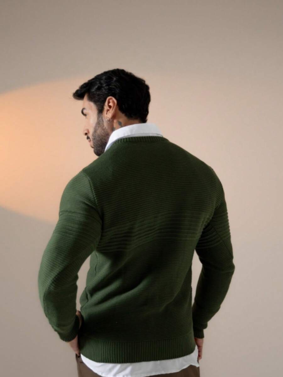 Suéter Masculino Tricô Recorte Texturizado Punho Canelado