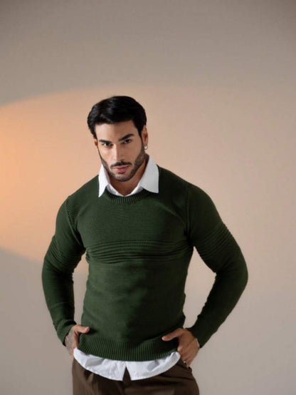 Suéter Masculino Tricô Recorte Texturizado Punho Canelado