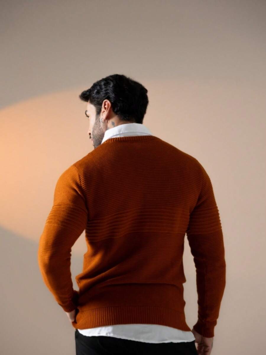 Suéter Masculino Tricô Recorte Texturizado Punho Canelado