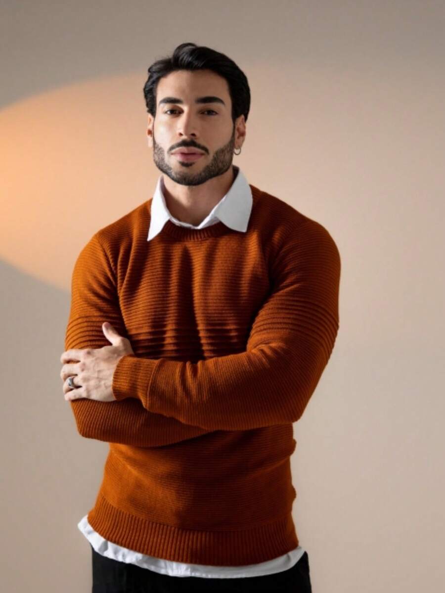 Suéter Masculino Tricô Recorte Texturizado Punho Canelado