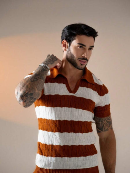Camisa Polo Tricô Listrada Manga Curta