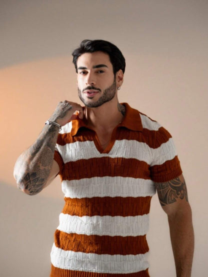 Camisa Polo Tricô Listrada Manga Curta
