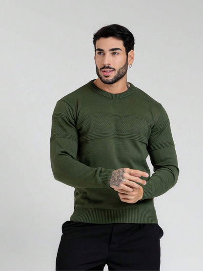 Suéter Masculino Tricô Relevo Gola Estruturada