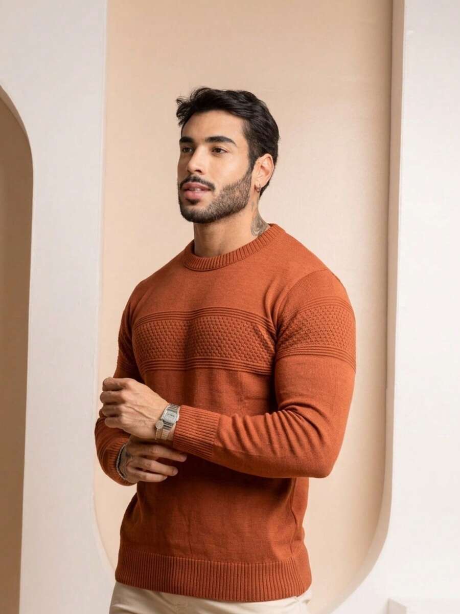Suéter Masculino Tricô Relevo Gola Estruturada