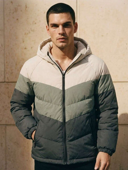 Jaqueta Puffer Masculina Capuz Bloco de Cores
